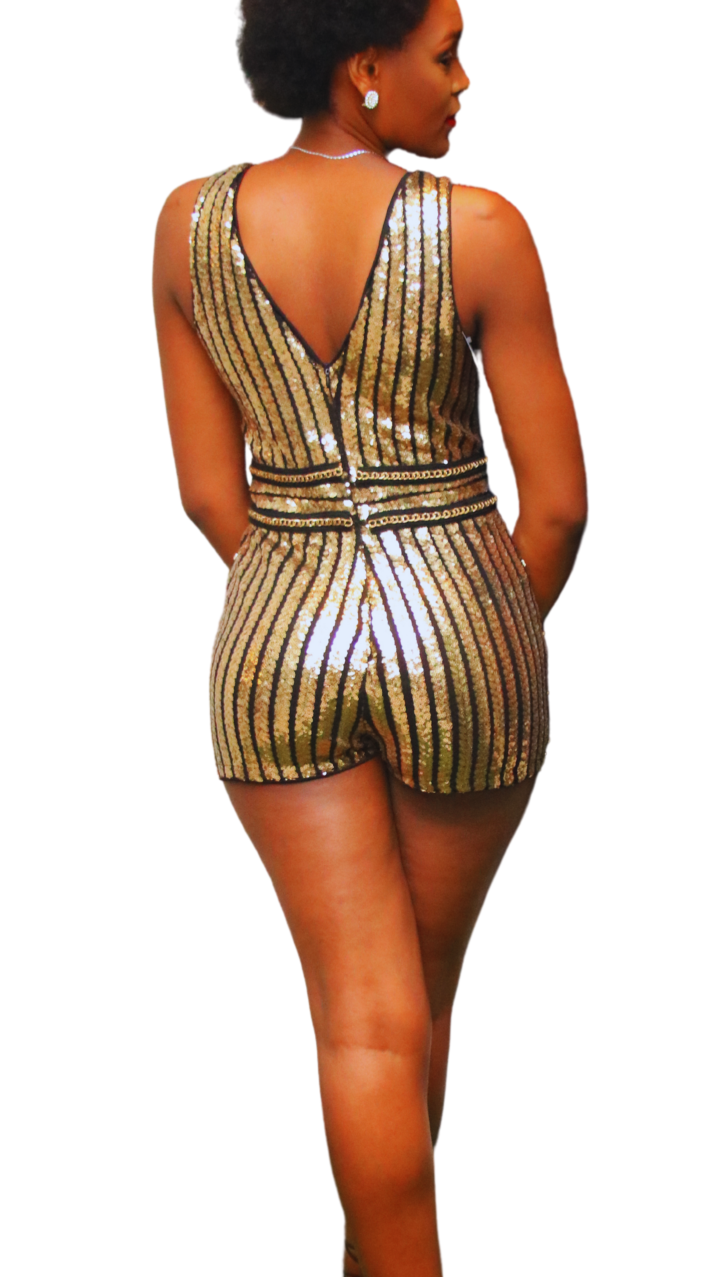 Quiz Striped Sequined Playsuit Gold & Black