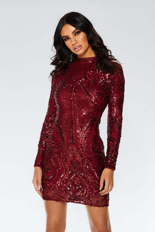 Quiz  Berry sequin mesh long sleeve bodycon dress