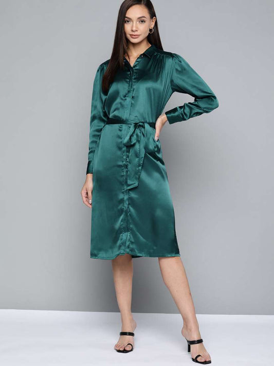 Green satin button up mid dress