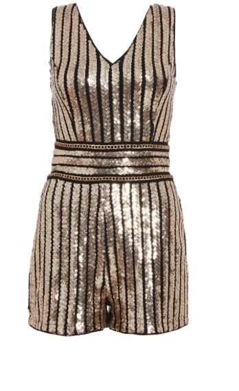 Quiz Striped Sequined Playsuit Gold & Black